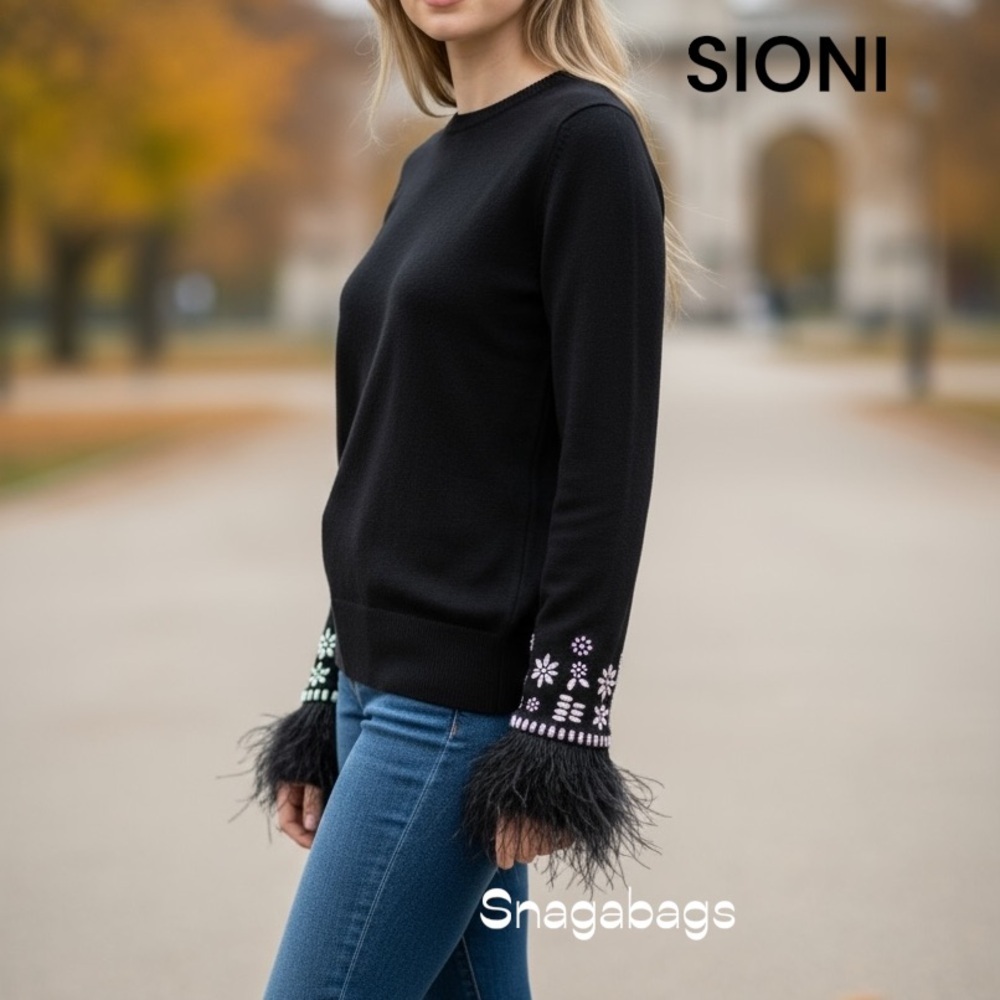 Sioni Milano NWT Black Sweater Feather And Gem Floral Embellishment Details